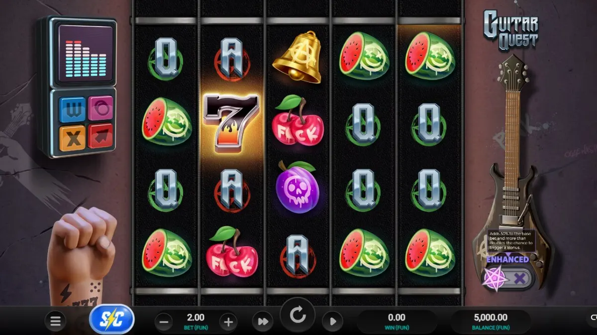 Interface do slot Guitar Quest com elementos de rock e garagem